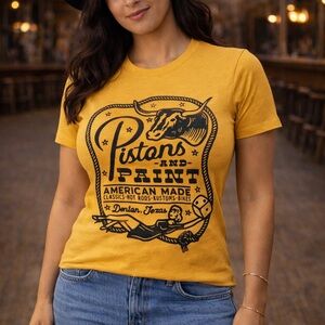 Pistons And Paint Denton Texas Western Yellow Cowgirl Soft Babydoll Tshirt Sz SM